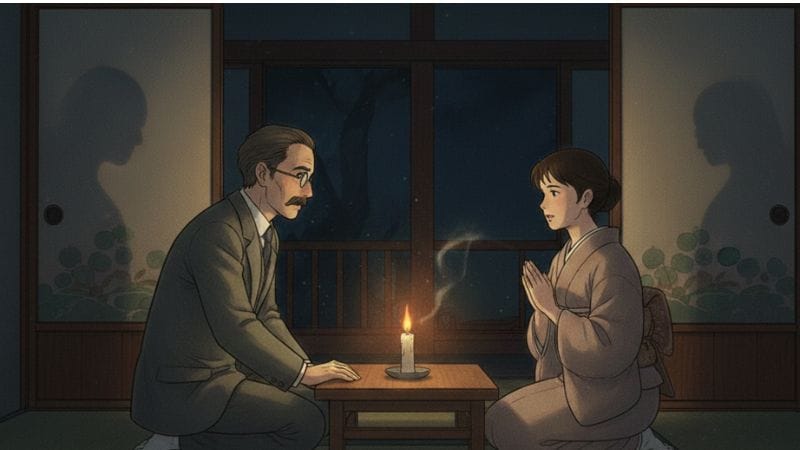 八雲に怪談を語るセツ